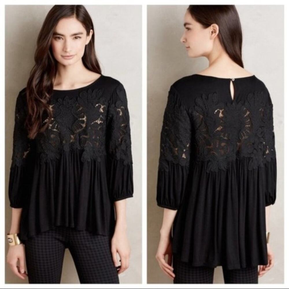 Anthropologie Black Floral Lace Peasant Blouse